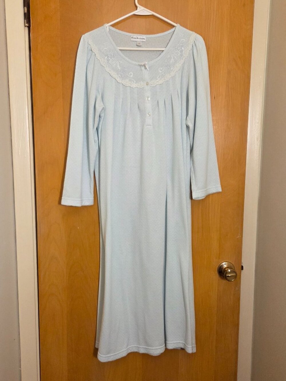 Miss Elaine Long Sleeve Maxi Nightgown Size M Aqua Blue Cotton Blend Grannycore